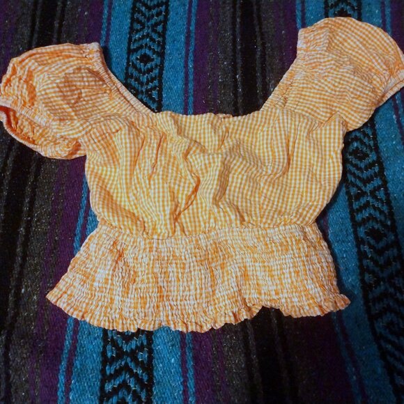 Sim & Sam Orange Gingham Peasant Crop Top S Milkmaid Cottagecore Lace-Up Back - Picture 2 of 8